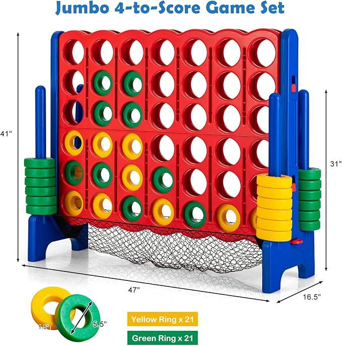Costzon Giant 4-in-A-Row, Jumbo 4-to-Score Giant Game Set for Kids & Adults, Indoor Outdoor Yard Connect Game, 3.5FT Tall with 42 Jumbo Rings & Quick-Release Slider, Perfect for Family & Party Games