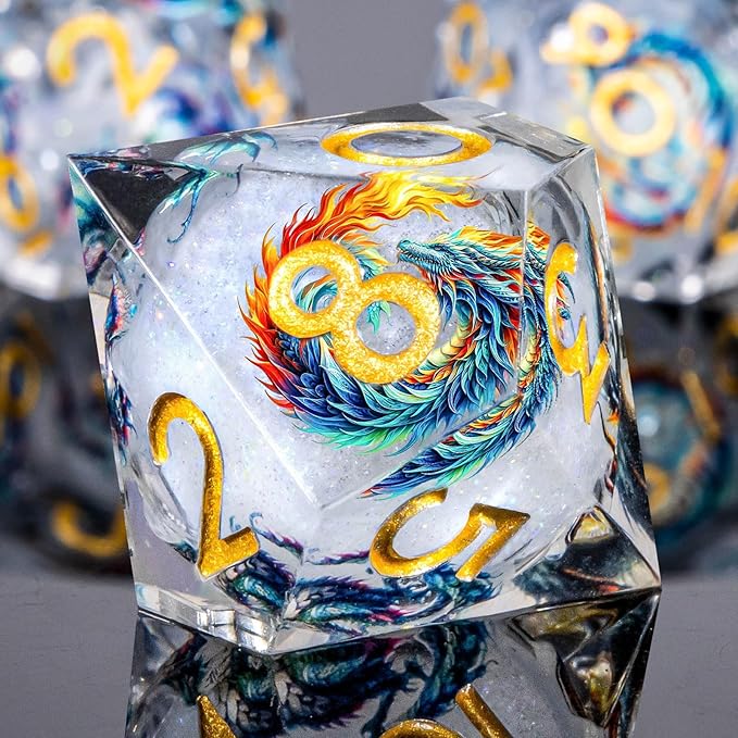 Dragon Pattern Liquid Core DND Dice Set, 7Pcs Sharp Edge D&D Dice with Gift Box, Resin White Dungeons Dragons D and D Role Playing Dice D20 D12 D10 D8 D6 D4