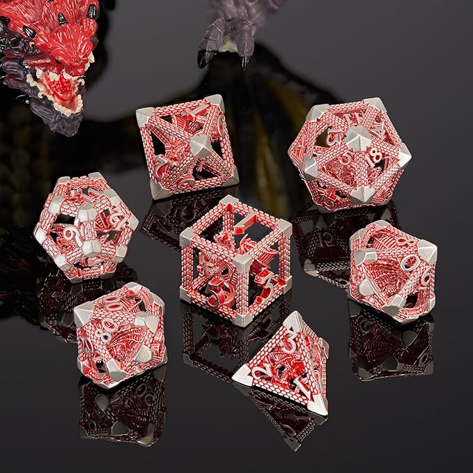 Dragon DND Dice, D&D Hollow Metal Polyhedral Dice Set for Dungeons and Dragons Dice RPG MTG Table Board Games (Red White Dragon)