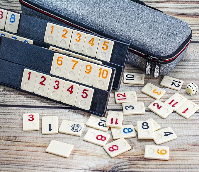 Rummy Tiles Game, Rummy Cube Travel Game Set Outlasting Color with 4 Anti-Skid Rack & Convenient EVA Hard Case