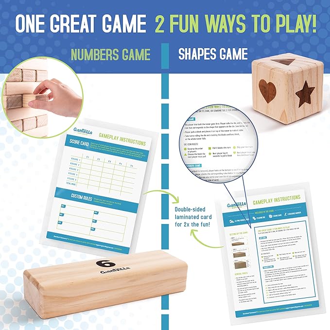 Giantville Giant Tumbling Timber Toy - Premium Pine Wood Life-Size Blocks Tower - Big Floor/Board Indoor/Outdoor Yard Game for Kids & Adults - 54-Pieces + Dice + Carry Bag - Grows to Almost 4-Feet