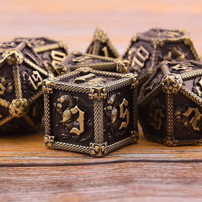 AUSTOR 7-Die Metal DND Dice Set Dungeons and Dragons Polyhedral Roll Playing Dice with Box D20 D12 D10 D% D8 D6 D4 for Pathfinder MTG RPG Board Games