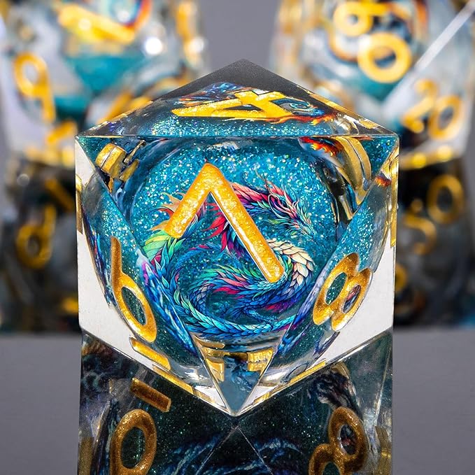 Dragon Pattern Liquid Core DND Dice Set, 7Pcs Sharp Edge Dice with Gift Box, Resin Blue Dungeons Dragons D and D Role Playing Dice D20 D12 D10 D8 D6 D4