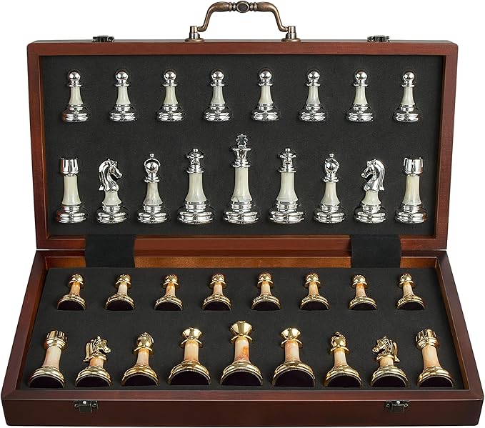 16.5" Large Wooden Chess Set with Weighted Acrylic Chess Pieces,Folding Chess Board Games with Handle 3.5" King Portable Classic Game for Adults and Kids