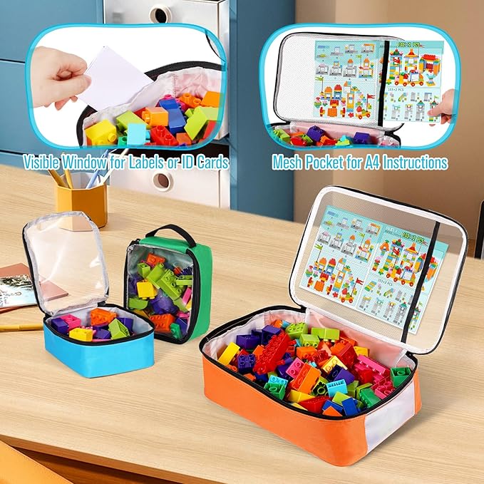 6 Pack Toy Storage Bags, Reusable Board Game Storage Bag with Visible Top, Label Slot, Manual Pocket&Handle, Travel Organizer Case for Bricks, Building Blocks, Puzzle, Car Toys, 3 Different Size