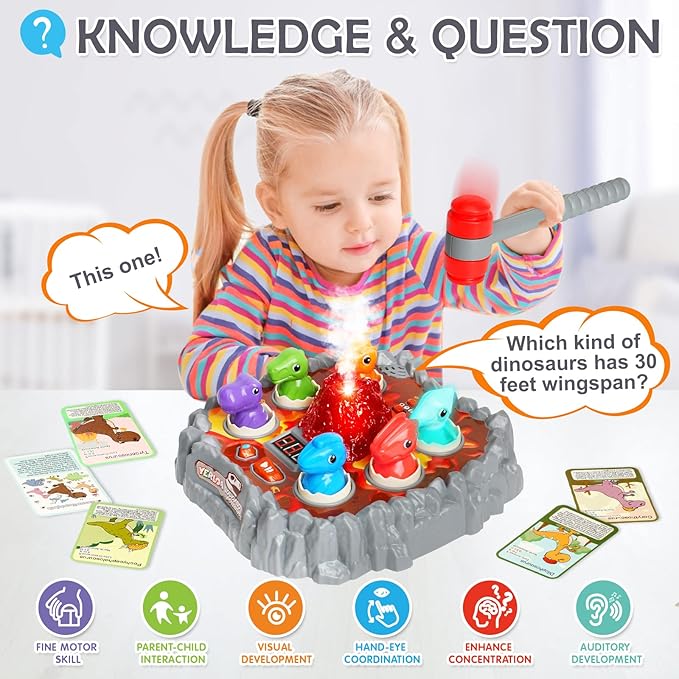 Yerloa Whack Game Mole Dinosaur Toys for Kids 2 3 4 Year Old Boy Birthday Gift, Sensory Toddler Boy Toys for Ages 2-4 2-3 4-6 3-5 Dino Volcano Learning Easter Gifts with 2 Hammers, Music Spray Light