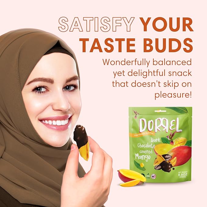 DORREL - Belgian Dark Chocolate Covered Mango Slices, High Energy Vegan Choco Snack, Delicious, Kosher & Non-GMO, Pack of 3 Dark Chocolate Fruit Bites, 8.8 oz / 250 g Ea