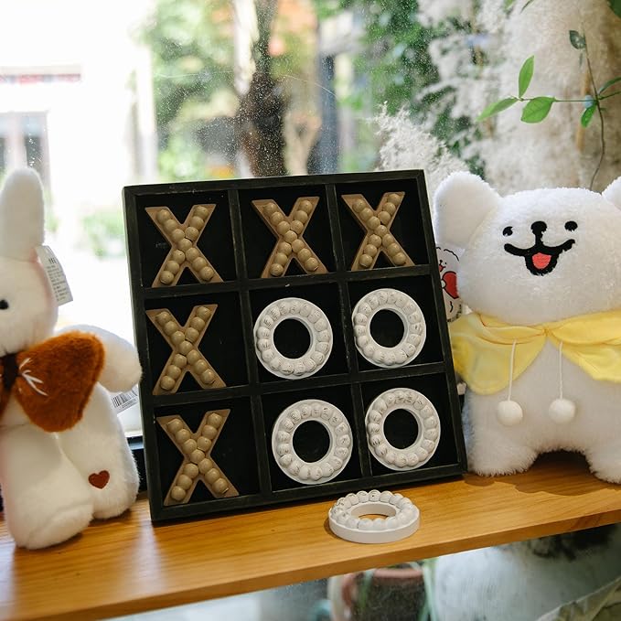 GENMOUS Wooden Tic Tac Toe Game Board for Seniors Family Indoor Game, 10.6 Inch Black Rustic Giant Tic Tac Toe Coffee Table Decor, Tic Tac Toe Board Game Fun for Family Travel Outdoor Game Room Decor