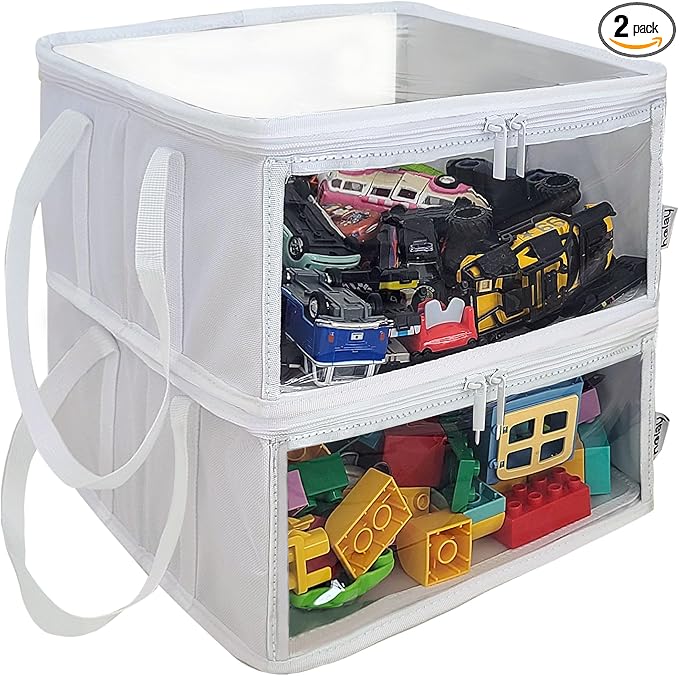 holay 2 Pack Storage Bins PVC Boxes with Transparent Lid & Handles - Durable & Foldable - Multi-Purpose Organizer for Clothes, Books, and More (White, Medium)