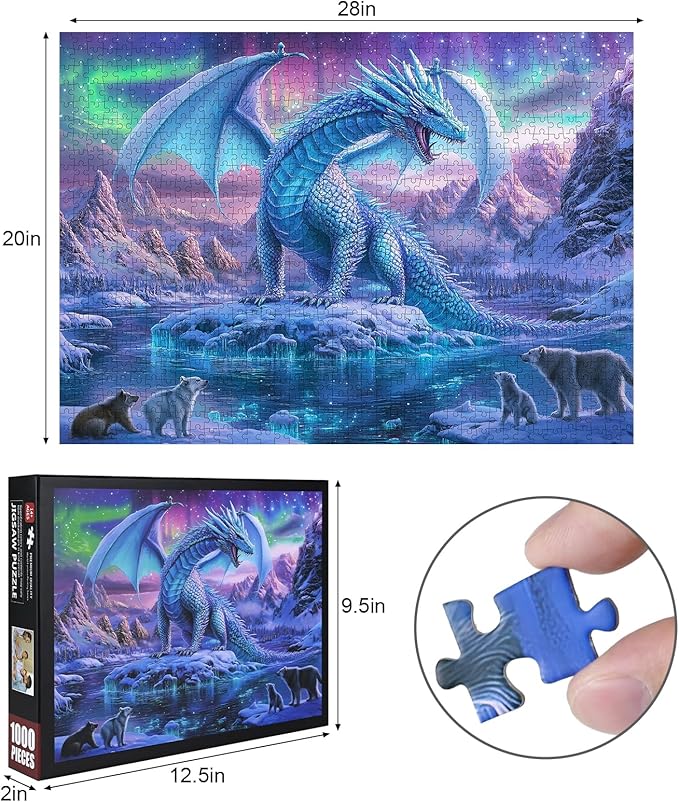 1000 Piece Aurora Dragon Puzzle for Adults - Vibrant Blue & Purple, Large Challenging Jigsaw Puzzle for Family Interactive Game Puzzle DIY Home Decoration Brain Challenge Gift