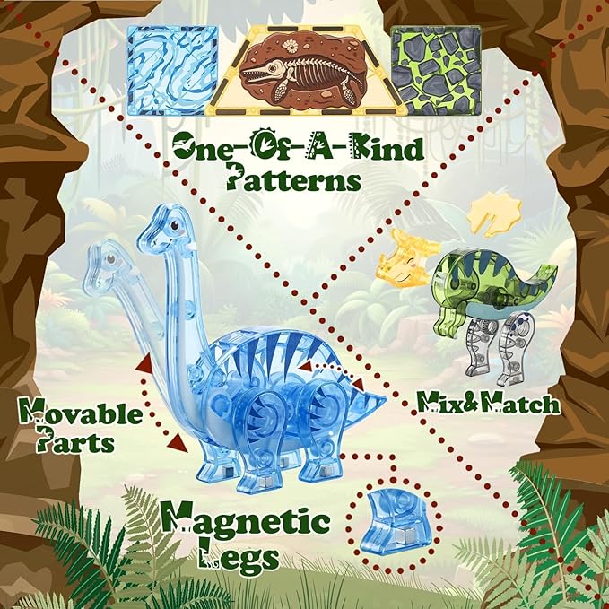 Magnetic Tiles Dinosaur Toys for Kids 3-5 5-7 Magnet Building Blocks Toddler Toy Dinosaurs - 3 Year Old Boy Gift STEM Learning Resources for Kids Ages 3 4 5 6 7 8 Gifts for 4 Year Old Boys