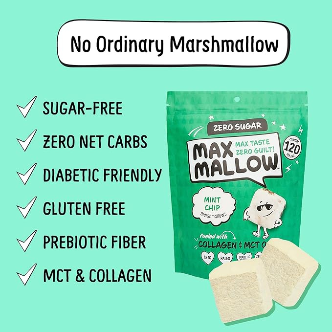 Max Mallow Sugar Free Marshmallows - Keto Friendly, Perfect for S'mores, Hot Chocolate, and Baking with Zero Sugar Snacks, Smores Mct Oil Zero Sugar Marshmellow Marshmallow Mint Chip, 6 Pack