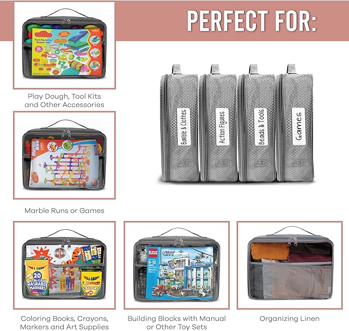 Toy Storage Bag, On the Go Toy Storage Organizer, Car Toy Organization, Blocks Travel Bag, Activity Bags for kids, Traveling Carrying Case, Storage Organizer (X-Large 4pc Beige Bags)