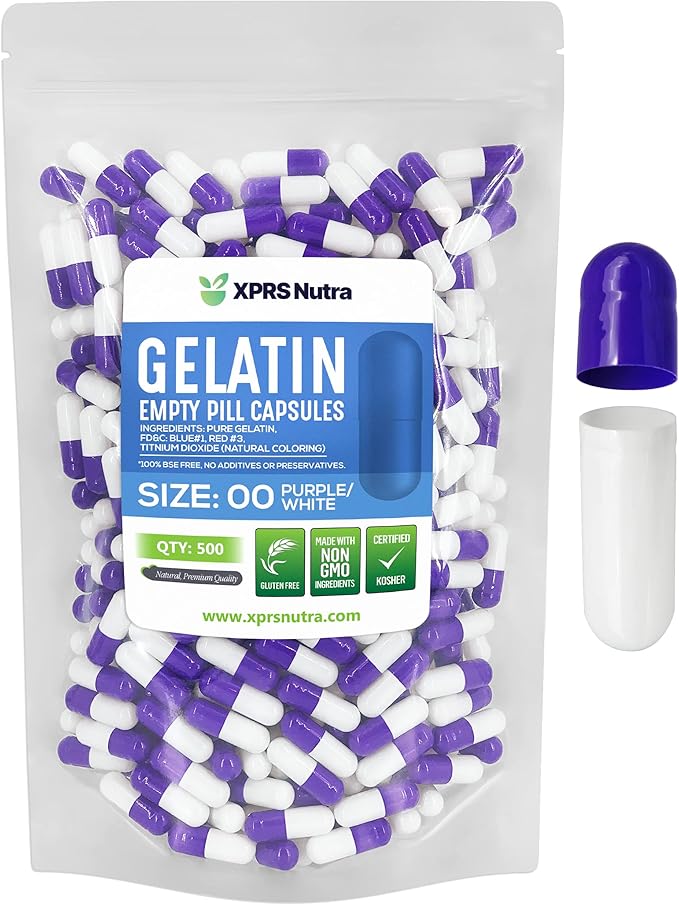 XPRS Nutra Size 00 Empty Capsules - 500 Count Empty Gelatin Capsules - Pills DIY Capsule Filling - Fillable Pill Gel Caps for Do-It-Yourself Supplements (Purple/White)