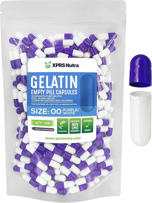 XPRS Nutra Size 00 Empty Capsules - 500 Count Empty Gelatin Capsules - Pills DIY Capsule Filling - Fillable Pill Gel Caps for Do-It-Yourself Supplements (Purple/White)