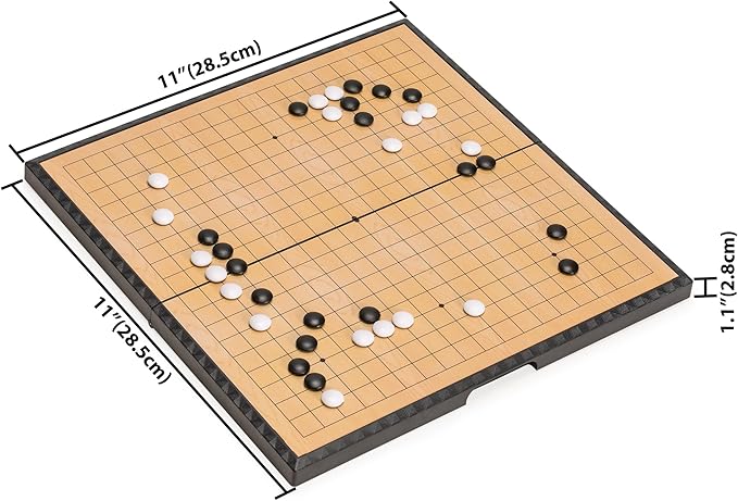 Yellow Mountain Imports Medium Magnetic 19x19 Go Game Set Board, 11-Inch with Single Convex Plastic Go Stones - Folding, Portable & Travel-Size Set