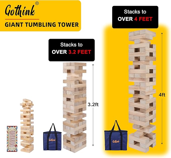 GOTHINK Giant Tumble Tower Game, Large Tumbling Tower Stacking to Over 4 FT 54pcs Wooden Jumbo Blocks for Outside Yard Games with Carry Case Timber Stacking Game Night Toy Gift for Kids Adults Family