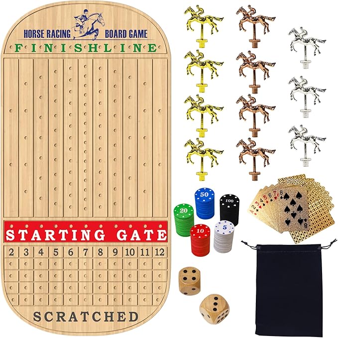 Horse Race Board Game, 23IN Horse Racing Board Game for Adults with Wooden Horse Game Board, 11 Luxurious Metal Horses, 100PCS Chips, 2 Wooden Dice and 2 Decks of Cards