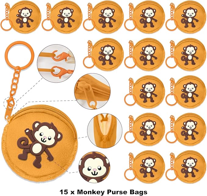 15 Pack Monkey Mini Coin Purse with Keyring for Monkey Themed,Mammal Animals,Jungle Animal,Forest,Baby Shower Wild ONE Party Supplies,Khaki