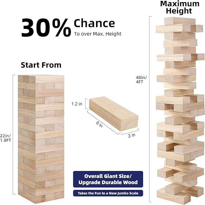 GOTHINK Giant Tumble Tower Game, Large Tumbling Tower Stacking to Over 4 FT 54pcs Wooden Jumbo Blocks for Outside Yard Games with Carry Case Timber Stacking Game Night Toy Gift for Kids Adults Family