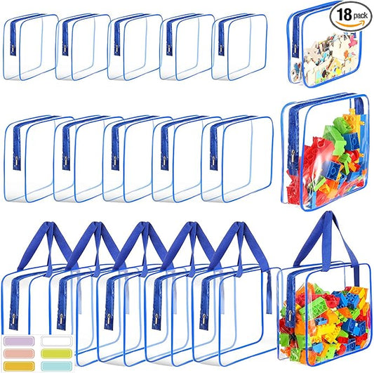 18 Packs Large Toy Storage Bags with Labels, Clear PVC Bags Travel Waterproof Kids Toy Organizer Bags with Zipper for Building Blocks Puzzle Kids Books (Blue)