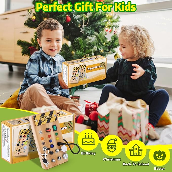 Montessori Busy Board with LED Light &Toddler Tool Set,Montessori Toys for 3-7 Year Old Boys,Circuit Board for Kids,Christmas & Birthday Gift for Kids