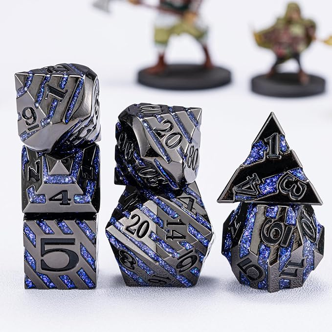 Anitque Metal Dice D&D,Metal Glitter Stripe Dice 7pcs Set with Gift Case,Polyhedral Dice for Role Playing Game (Black Nickel Dark Purple)