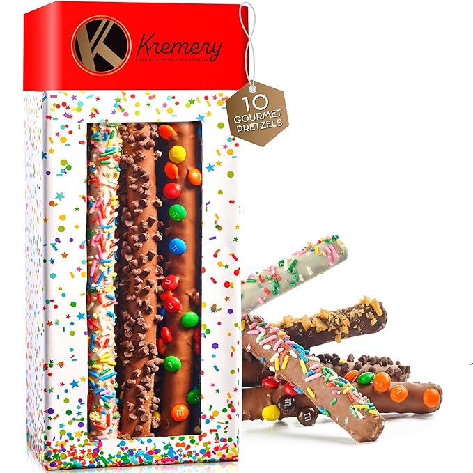 KREMERY Creamy Chocolate Cravings - Chocolate Covered Pretzel Rods Gift Basket, in Confetti Tower (10 Pretzels, Assorted Sweet Toppings) Food Arrangement, Kosher Dairy, USA Made