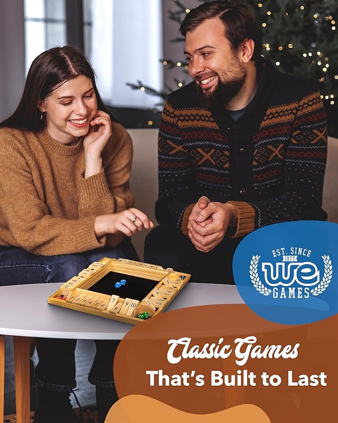 WE Games Wooden Shut The Box Game 4 Player - 10 Number Tiles & 8 Dice - Large 14-Inch, Natural Wood Finish