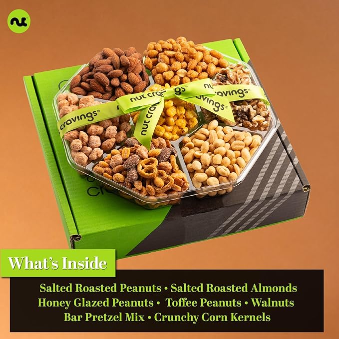 NUT CRAVINGS - Mixed Nuts Gift Basket + Green Ribbon Classic (7 Assortments, 1 LB) Food Arrangement, Healthy Snack Care Package, Kosher