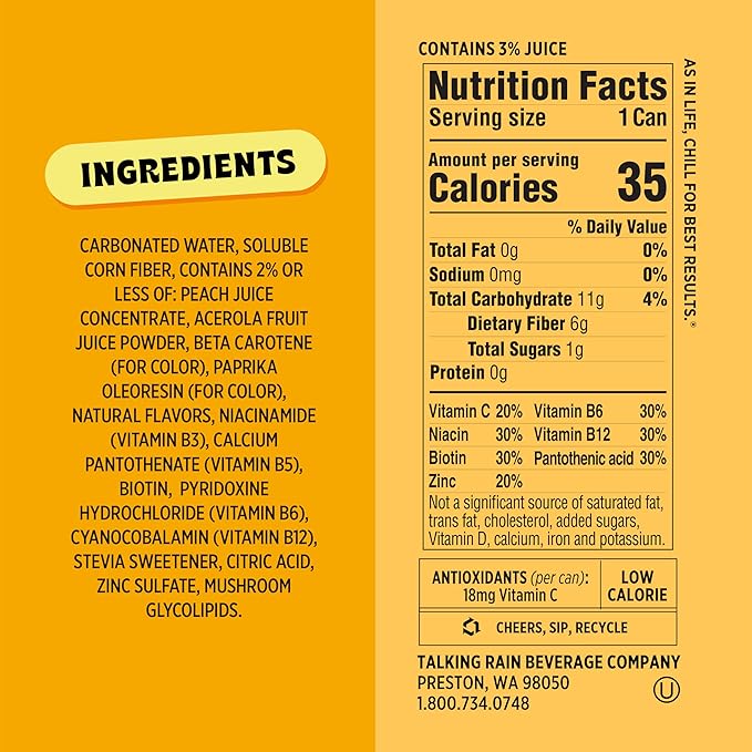 Popwell Tropical Mango Better-For-You Prebiotic Soda, with 6g Fiber, 1g Sugar, Vitamins and Immunity Support, 12 fl oz Cans (pack of 12)