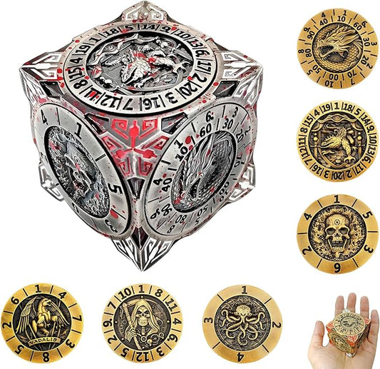 2025 New DND Spinner Dice, 7-in-1 Metal Dice Set with 3D Relief for Dungeons and Dragons Gifts, Polyhedral Roleplaying Game Dice, Fantasy D&D Tabletop RPG Accessories for DM & Player (Bloodstains)