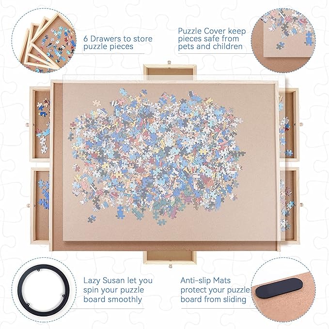 WOOD CITY Puzzle Board, 1500 Piece Wooden Jigsaw Puzzle Board with Drawers, 35” x 27” Portable Puzzle Table with Covers and Lazy Susan, Rotating Jigsaw Puzzle Table for Kids and Adults (1500PCS)