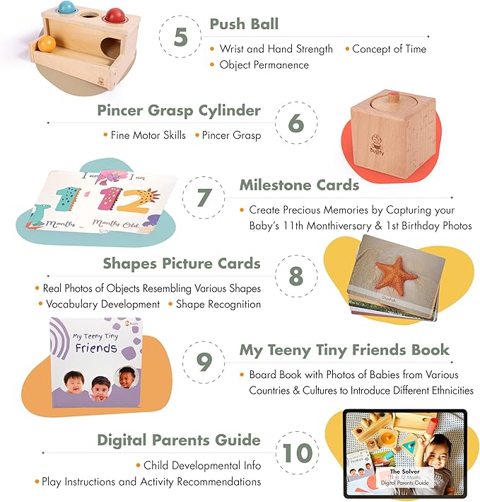 Montessori Toy Set 11-12 Months Baby Toys- 1 Year Birthday Gift, Push Ball, Shape Puzzle, Popup Toy, Pincer Grasp, Diversity Board Book, Picture Cards, Brain Development Toddler Toy