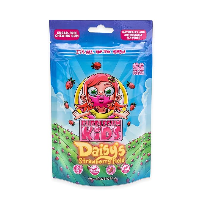 Bubblegum Kids Sugar Free Gum - For Kids and Adults - Vegan Friendly - Retro, Parent Approved Bubble Gum with Burst of Sweet Flavor - Daisy's Strawberry Field (Strawberry Flavor)