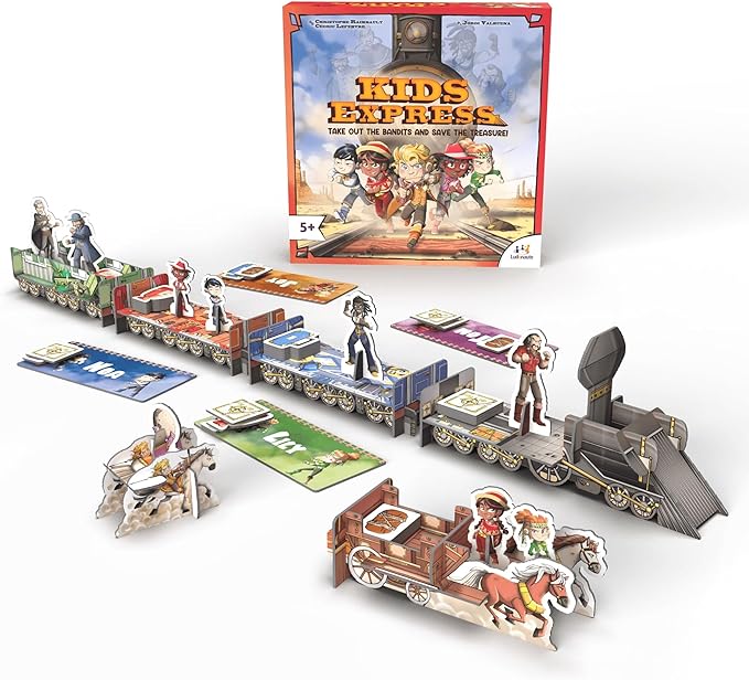 Ludonate: Kids Express - Cooperative Board Game, 3D Train, Flick Projectiles to Hit Bandits, Kids Version of Colt Express, Age 5+, 1-4 Players, 15 Min