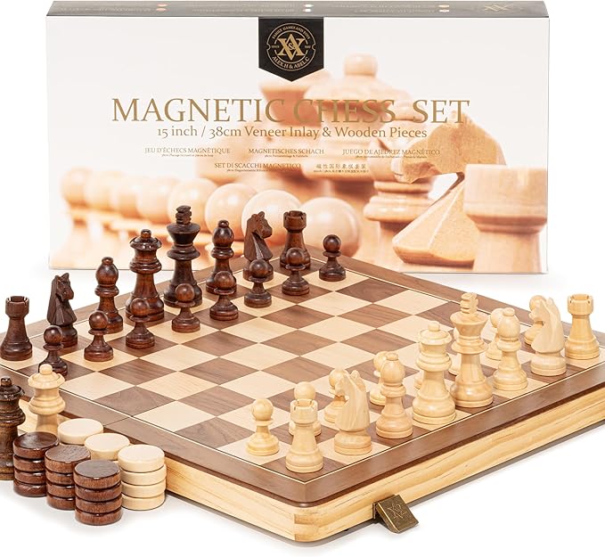A&A 15" Magnetic Wooden Chess Set/Folding Board / 3" King Height German Knight Staunton Chess Pieces/Mahogany & Maple Inlaid /2 Extra Queen
