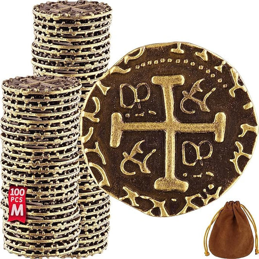 Metal Pirate Coins - 100 Medium Bronze Treasure Coin Set, Metal Replica Spanish Doubloons for Board Games, Tokens, Toys, Cosplay, Realistic Money Imitation, Pirate Treasure Chest, Diameter 7/8"