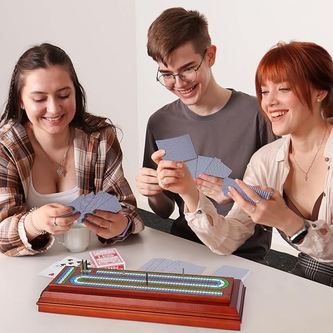 Wooden Cribbage Board Game Set with Large Storage Area, Solid Wood 3 Track Cribbage Board, 9 Metal Pegs, 2 Playing Cards and Instruction. Travel Family Game Night Travel Cribbage Sets for All Ages