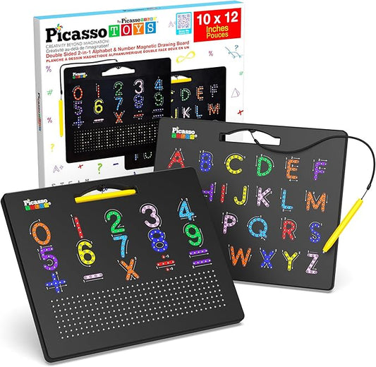 PicassoTiles 2-in-1 Magnetic Drawing Board Toy 12x10 inch Large Magnet Bead Tablet Pad with 2 Facings Alphabet+ Math STEM Free Style Educational Erasable Learning Writing Playboard in Black PTB02