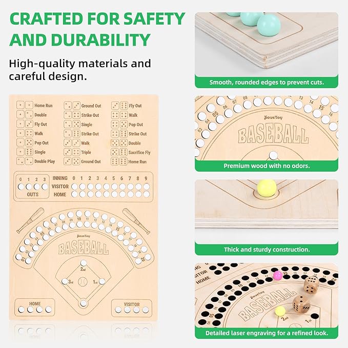 Baseball Board Game, Wooden Baseball Dice Game with Marbles, Baseball Travel Game and Indoor Table Game for Camping Family Gatherings, Baseball Gift for Teens Adults (Natural Style)