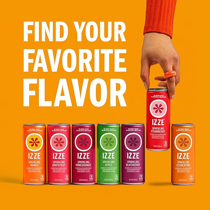 IZZE Sparkling Water Juice Beverage Blend, Pineapple, No Sugar Added, 8.4 FL OZ, 24 Cans