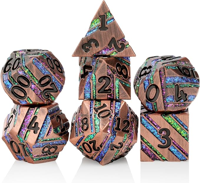 Stripe Metal Dice,DNDND Metallic Glitter Stripes DND Dice with Gift Metal Box for Dungeons and Dragons Tabletop Game (Colorful Stripes)