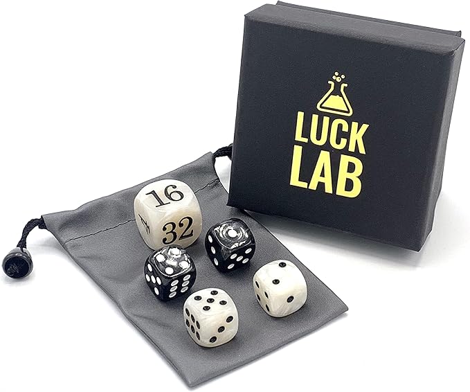 Luck Lab Backgammon Pearl Dice Set - 22 mm Doubling Cube and Four 16 mm Dice with Bonus Storage Bag, Black/White Marbleized