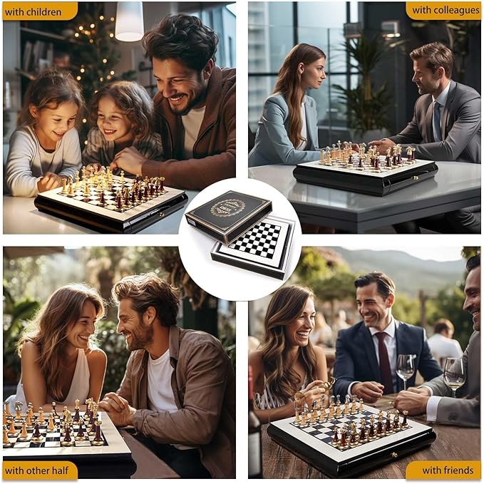 AMEROUS 16 Inches Wooden Chess Set, Large Size Board with 2 Built-in Storage Drawers - 2 Extra Queens - Metallic & Wooden Chess Pieces - Gift Packaging, Board Games for Adults and Kids