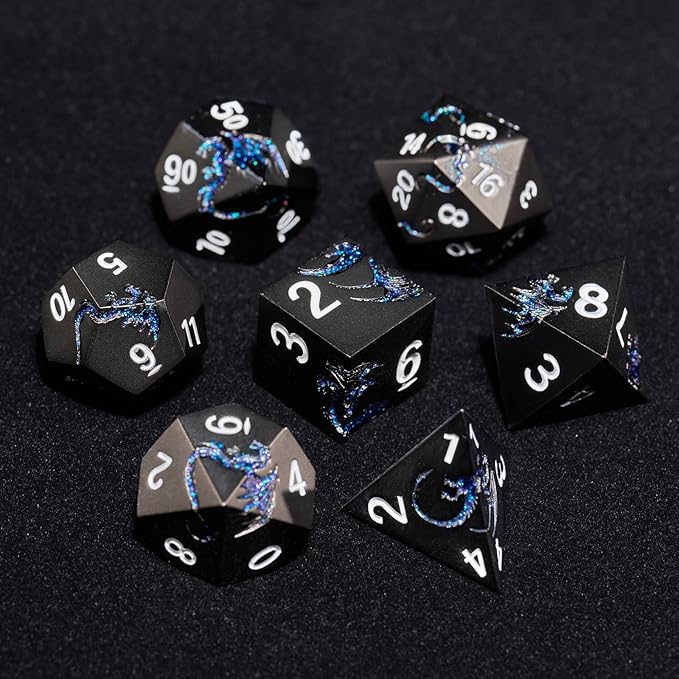 Metal Dice Set D&D,Glitter Blue Dragon Heavy Metallic DND Dice,Polyhedral Dice 7 Piece for Dungeons and Dragon Tabletop Game(Black Glitter Blue Dragon)