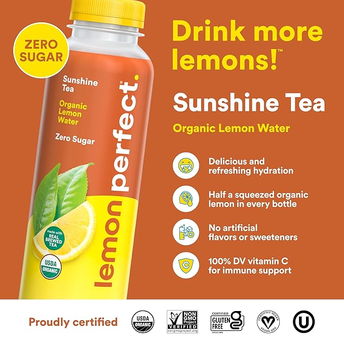 Lemon Perfect Sunshine Tea, Half Flavored Lemon Water (Original Lemon) & Half Iced Tea, Organic, Zero Sugar, Healthy Hydration Drinks, 15.2 fl oz Bottles (12-Pack)