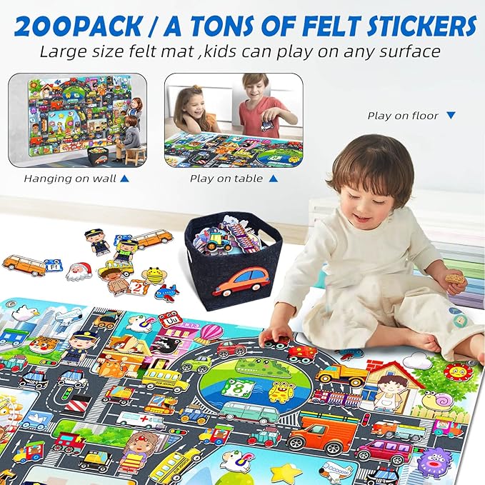 200 PCS Felt Board Story Set for Toddlers with Storage Bag City Car Traffic Themed 40 X 28 inch Teaching Wall Flannel Board Kit for Preschool Activity Early Learning Interactive Storytelling(Darkgrey)