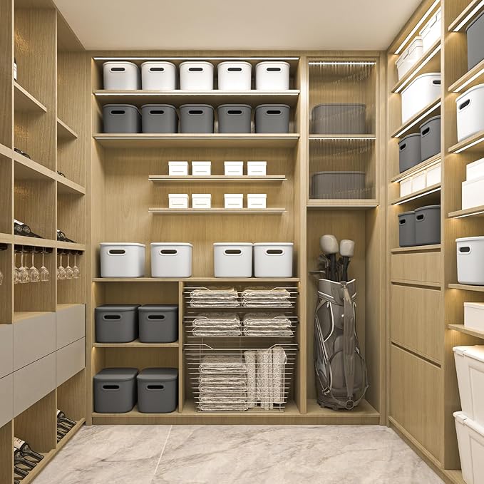 6 Pack Grey Storage Bins with Lids Stackable Storage Container for Organizing, Storage Boxes with Handle for Shelves, Cute Organizer Bins for Craft, Snacks, 9.85x6.9x5.7 inch