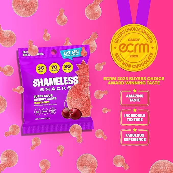 Shameless Snacks - Healthy Low Calorie Snacks, Low Carb Keto Gummies (Gluten Free Candy) - 6 Pack Sour Cherry Bomb